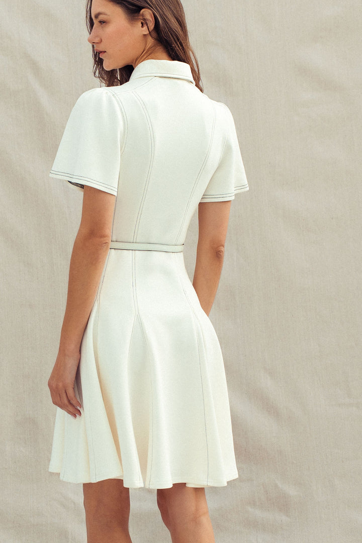 chic contrast stitch belted mini dress - ivory (additional view)