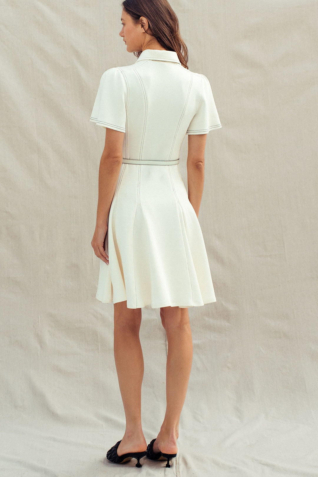 chic contrast stitch belted mini dress - ivory (additional view)