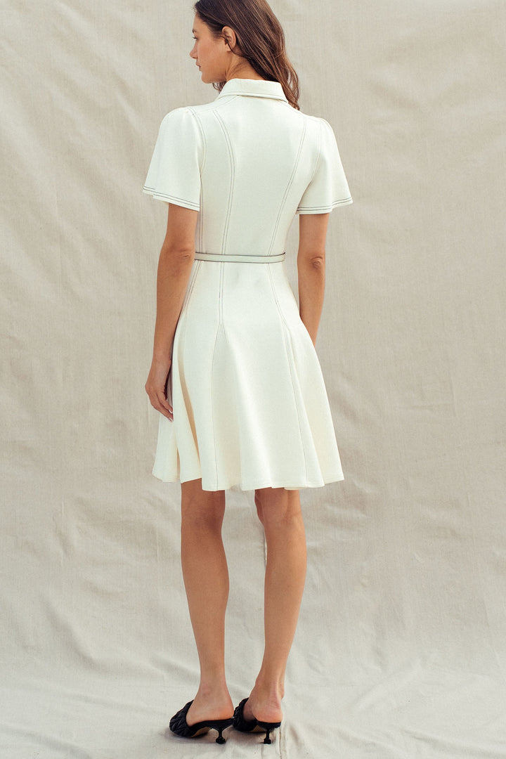 chic contrast stitch belted mini dress - ivory (additional view)