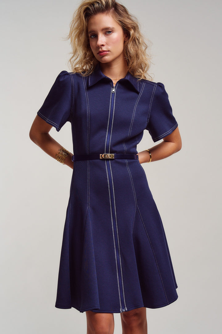 chic contrast stitch belted mini dress - navy