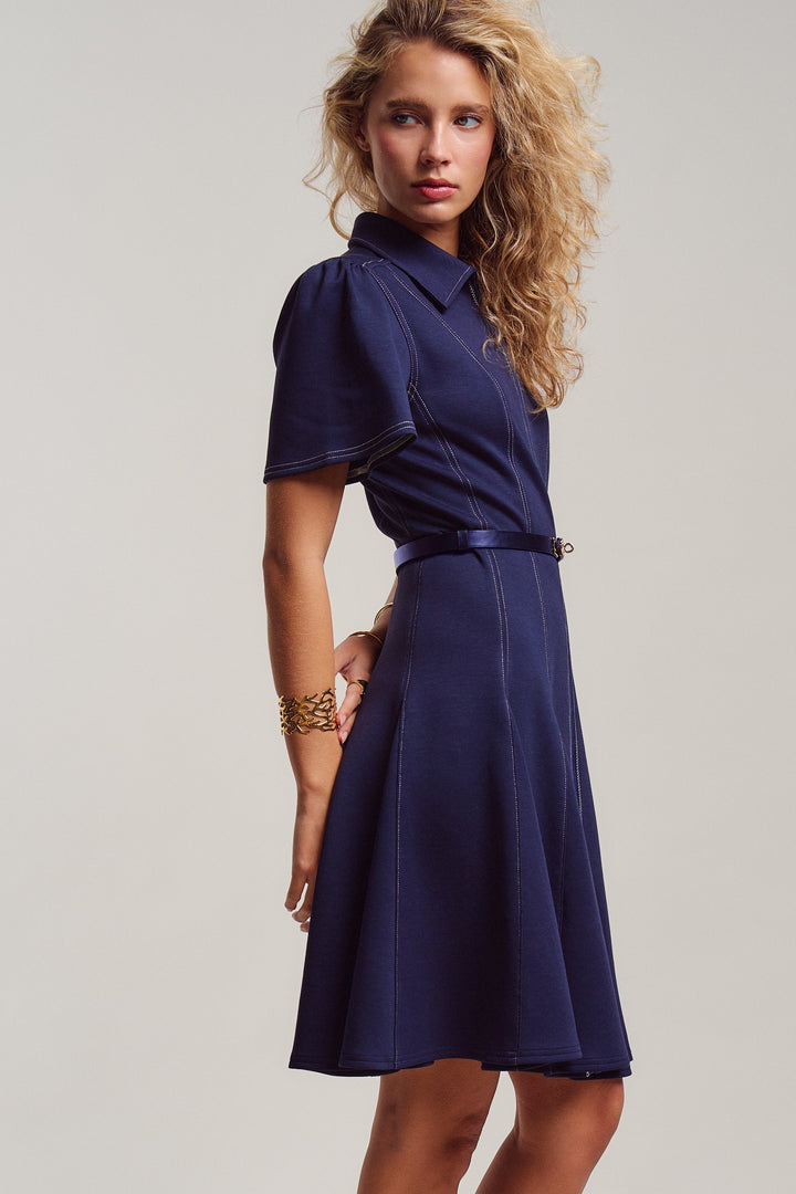 chic contrast stitch belted mini dress - navy (additional view)