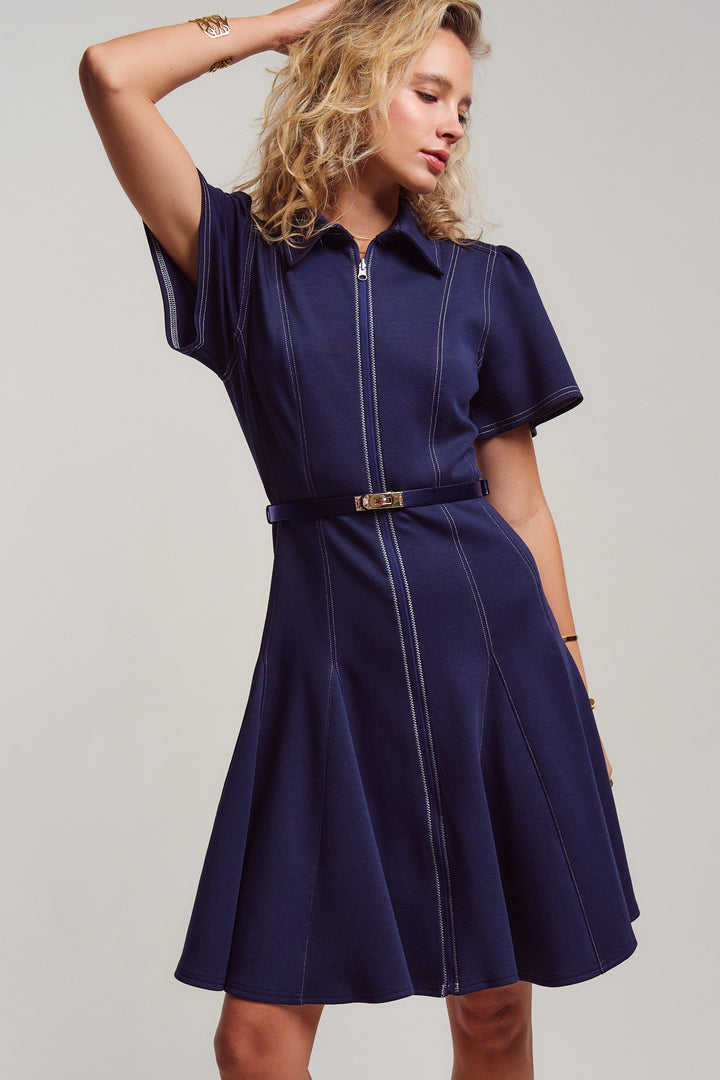 chic contrast stitch belted mini dress - navy (additional view)