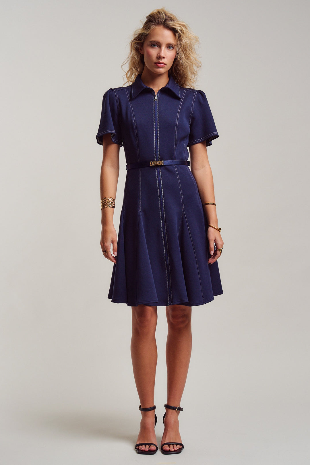 chic contrast stitch belted mini dress - navy (additional view)