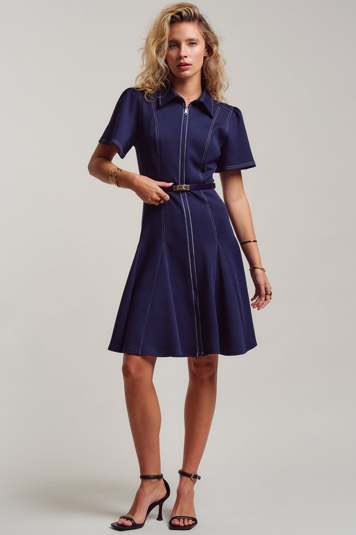 chic contrast stitch belted mini dress - navy (additional view)