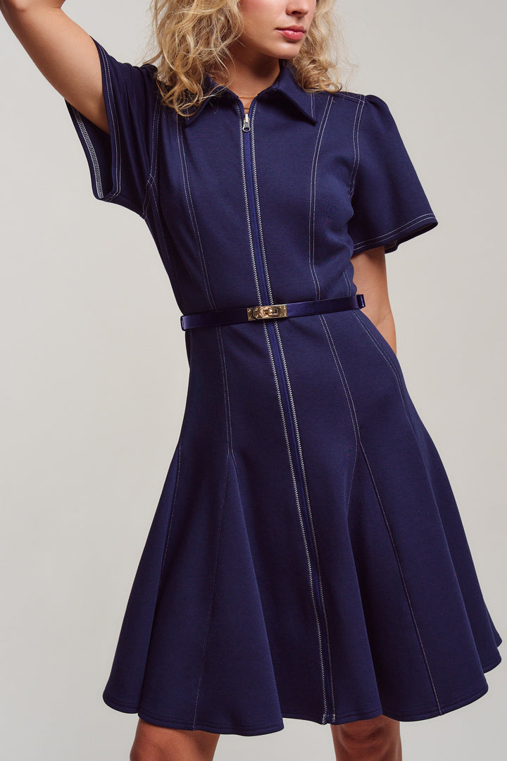 chic contrast stitch belted mini dress - navy (additional view)