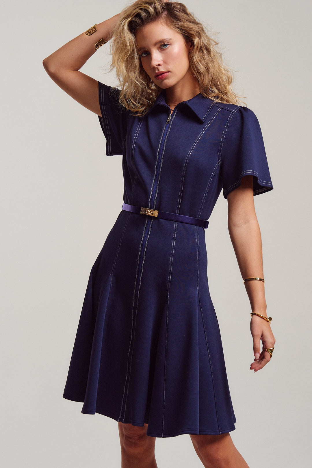 chic contrast stitch belted mini dress - navy (additional view)