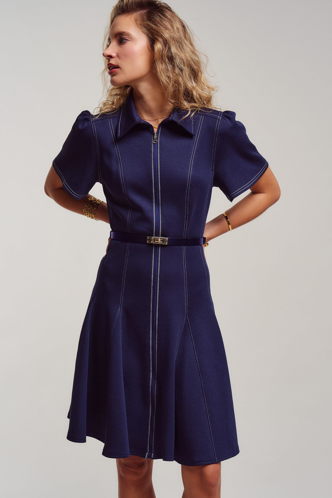 chic contrast stitch belted mini dress - navy (additional view)