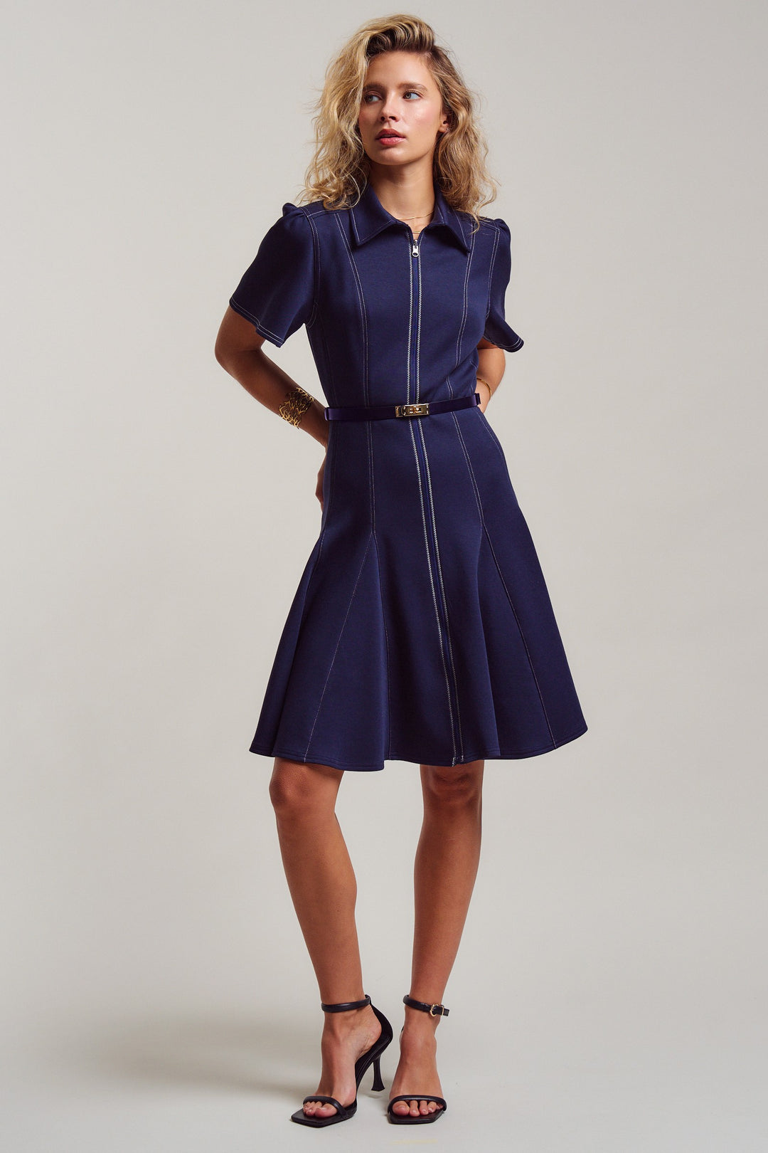 chic contrast stitch belted mini dress - navy (additional view)