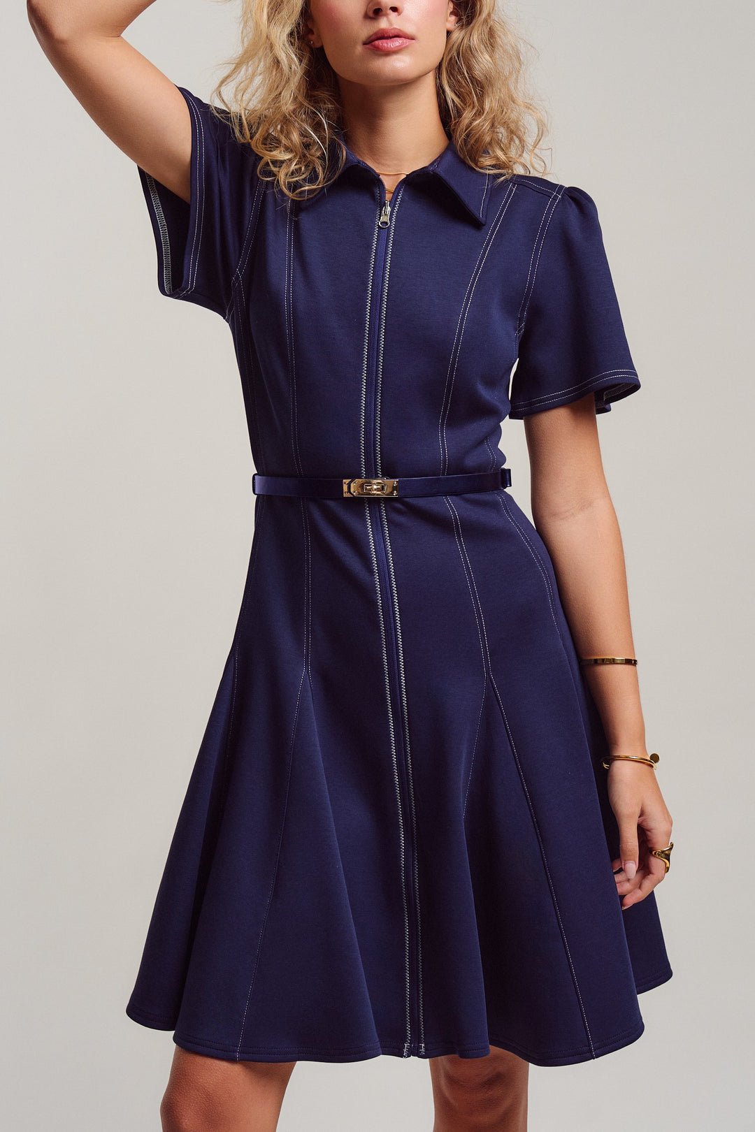 chic contrast stitch belted mini dress - navy (additional view)