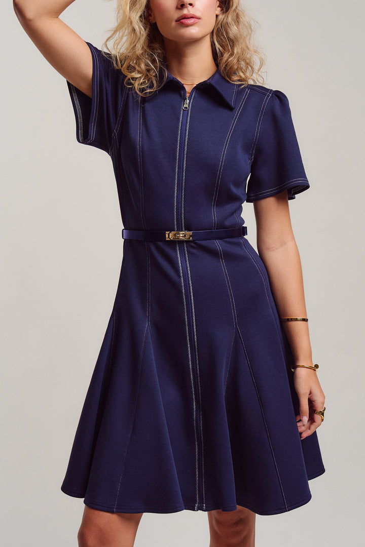 chic contrast stitch belted mini dress - navy (additional view)