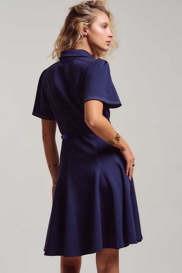 chic contrast stitch belted mini dress - navy (additional view)