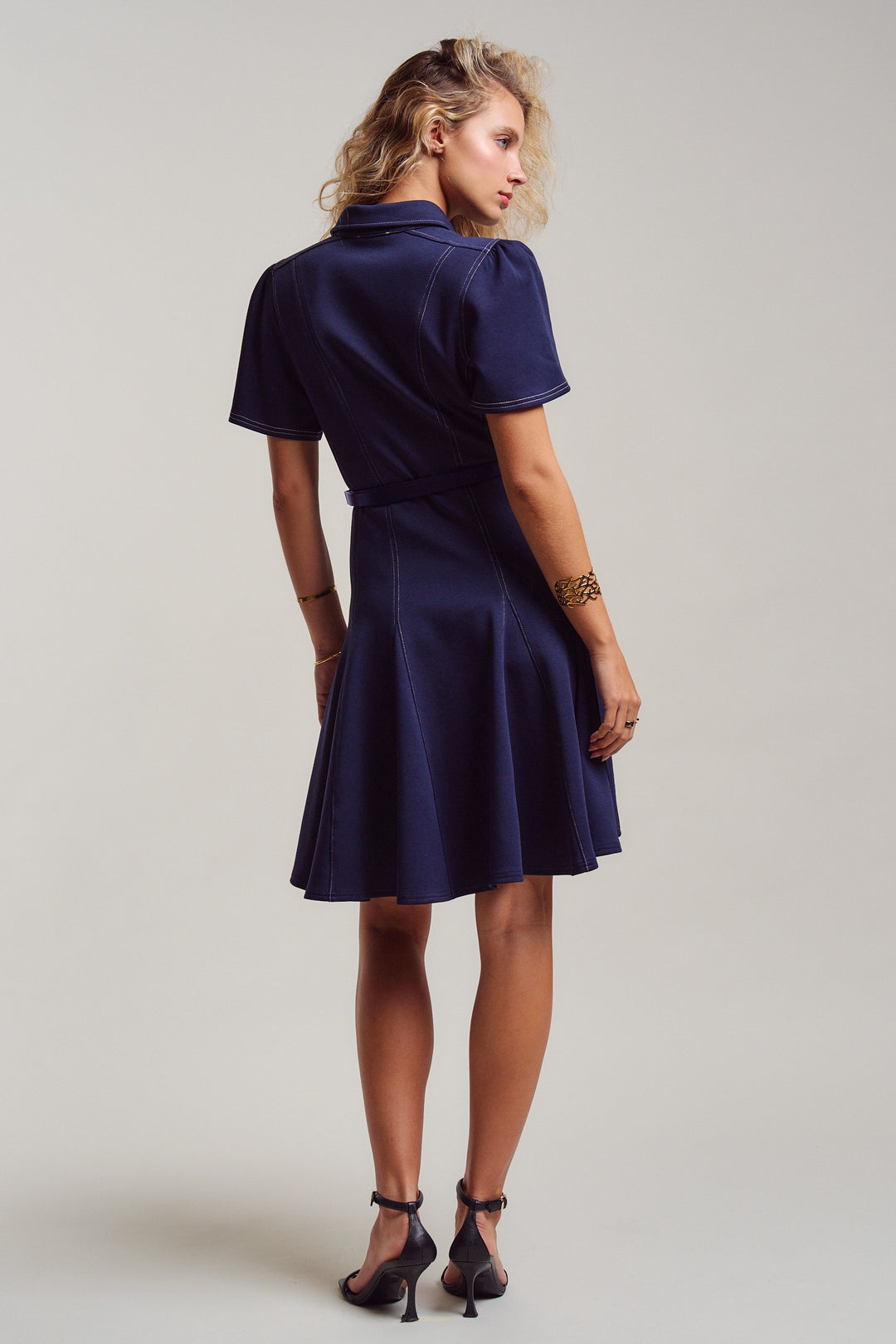 chic contrast stitch belted mini dress - navy (additional view)