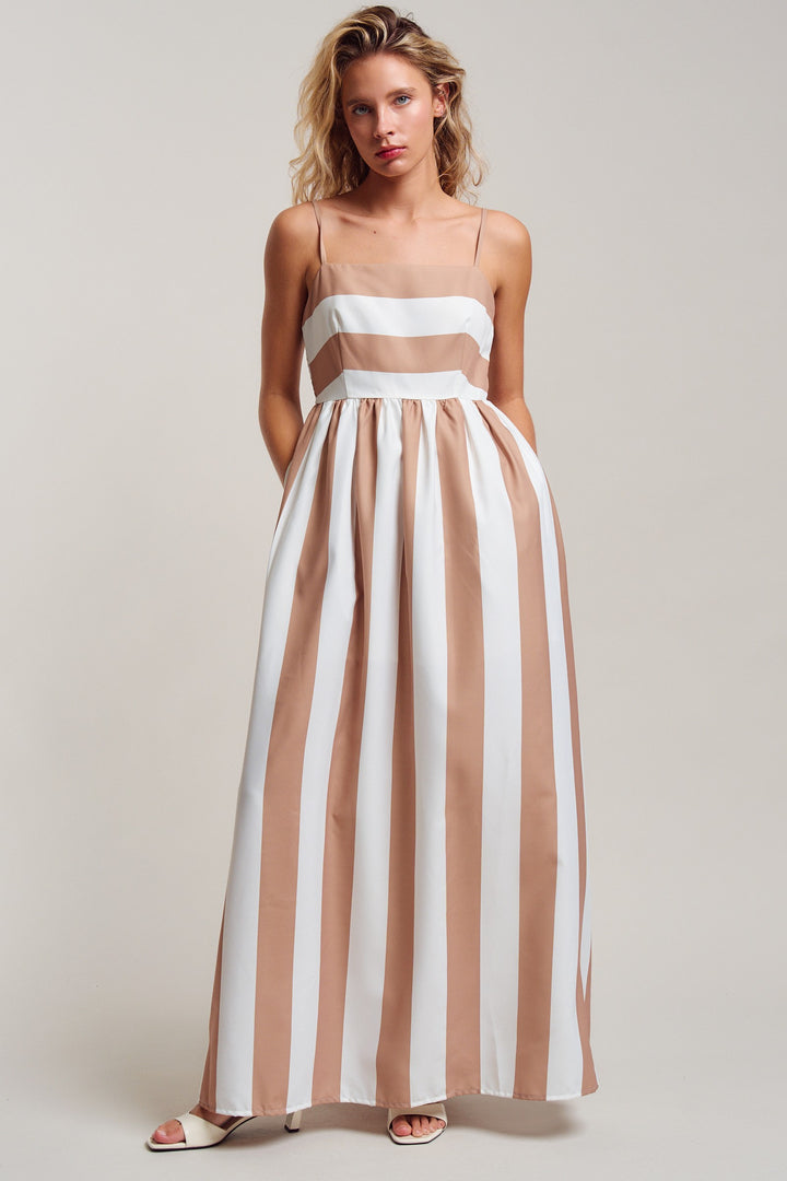 modern coast bold stripe maxi dress - ivory taupe