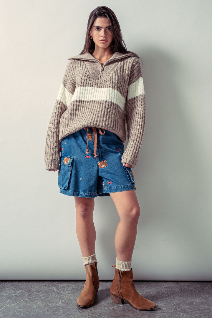 teddy embroidery denim drawstring cargo shorts - denim (additional view)