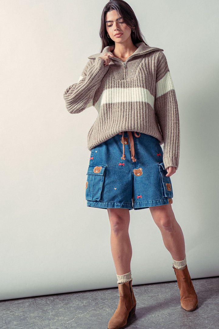 teddy embroidery denim drawstring cargo shorts - denim (additional view)