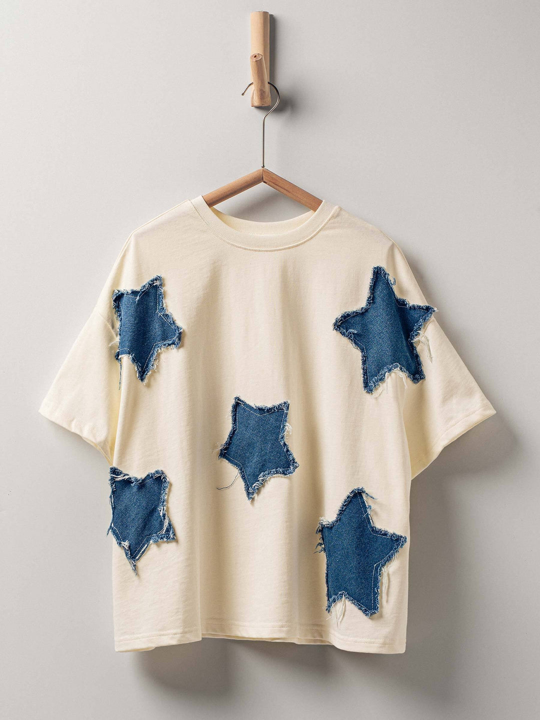 denim star applique oversized tee - ivory