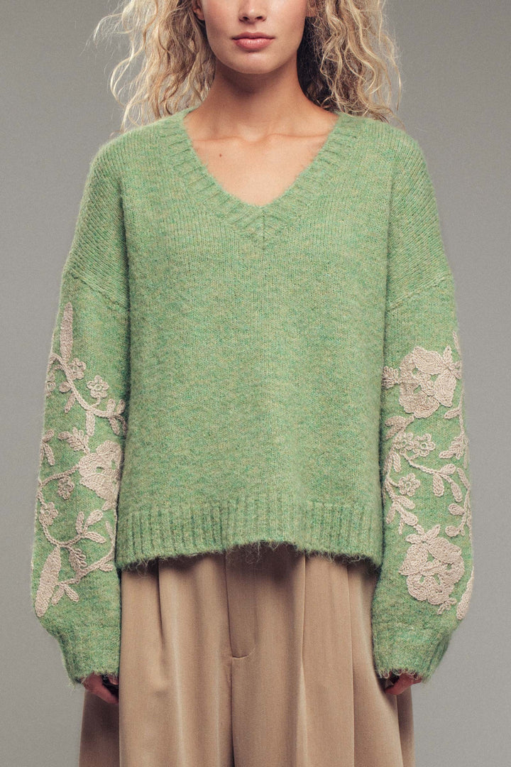 embroidered v neck sweater - green (additional view)