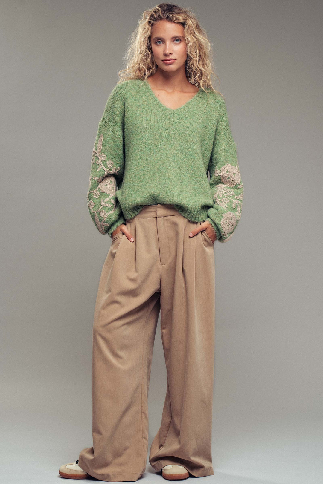 embroidered v neck sweater - green (additional view)