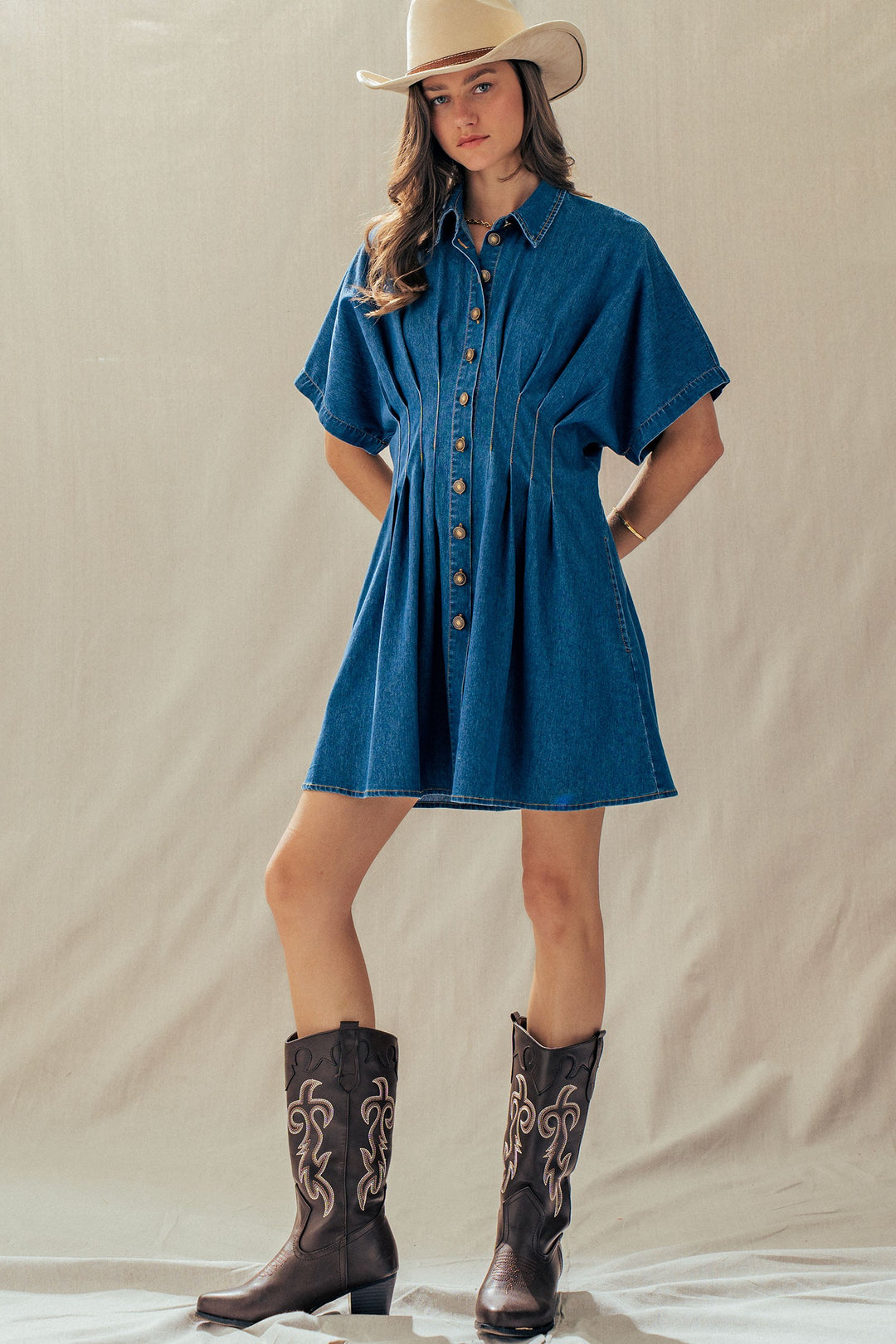denim pleated shirt dress - denim blue
