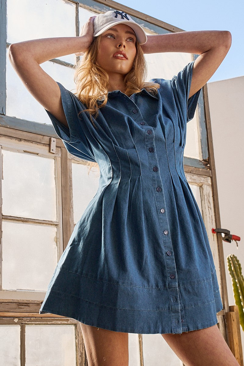 pleated shirt dress - denim blue
