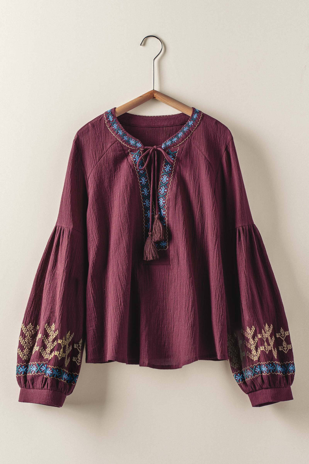 embroidered tassel blouse - burgundy