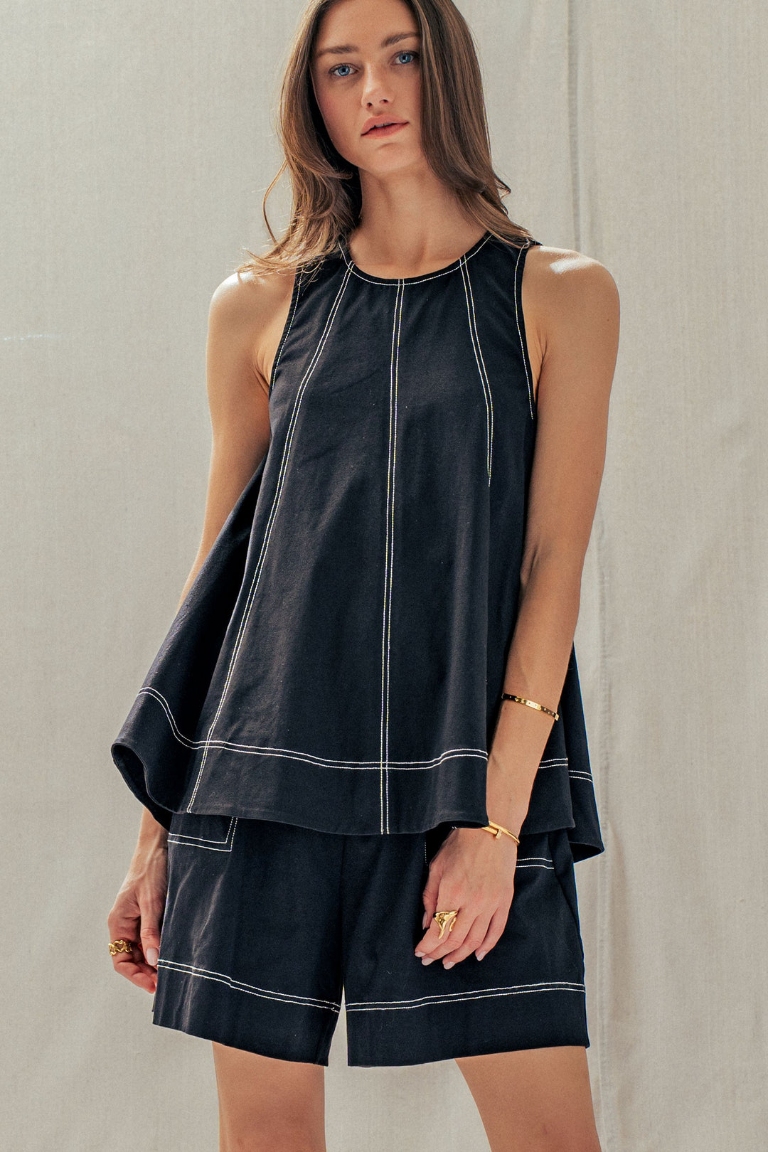 minimalist chic contrast stitch two piece set - black