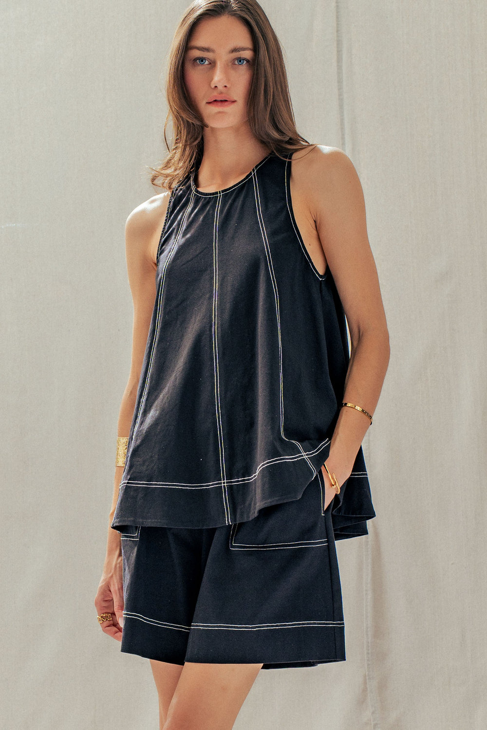 minimalist chic contrast stitch two piece set - black (additional view)