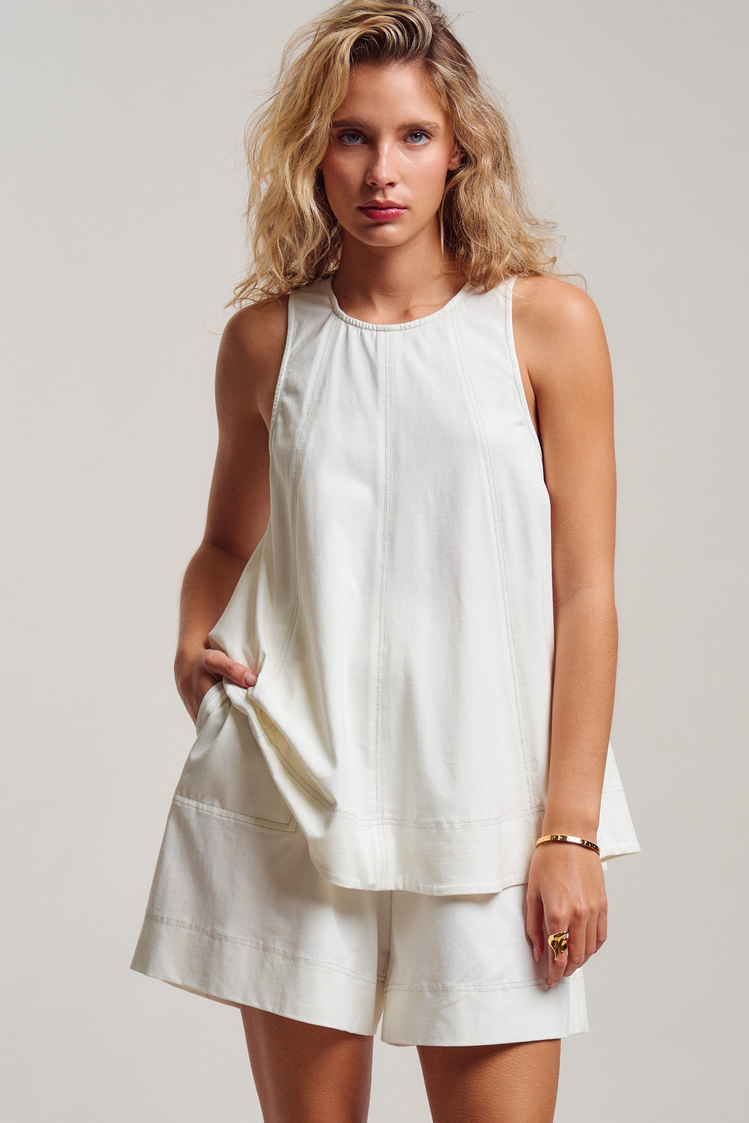 minimalist chic contrast stitch two piece set - ivory (additional view)