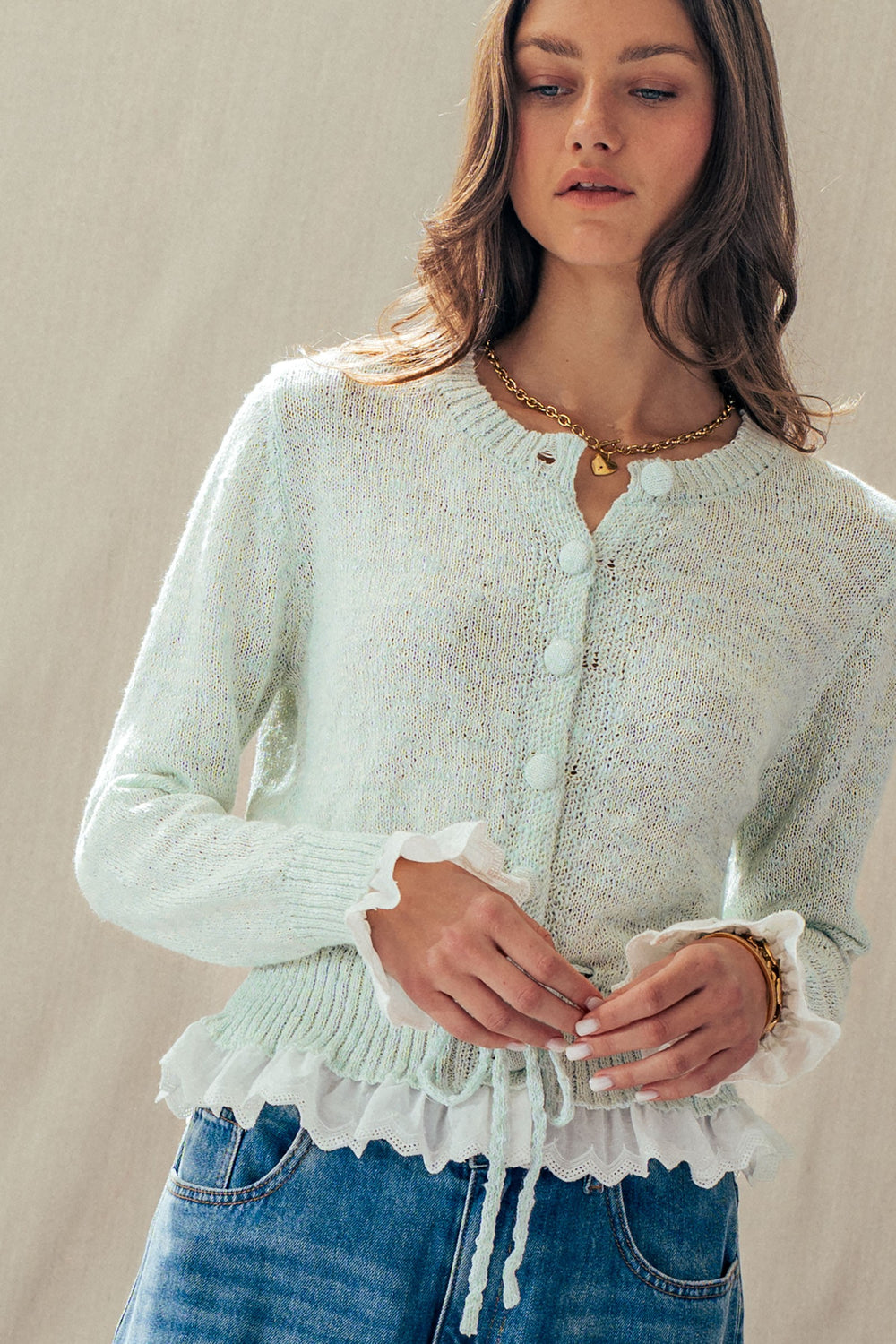 serendipity ruffle trim knit cardigan - mint
