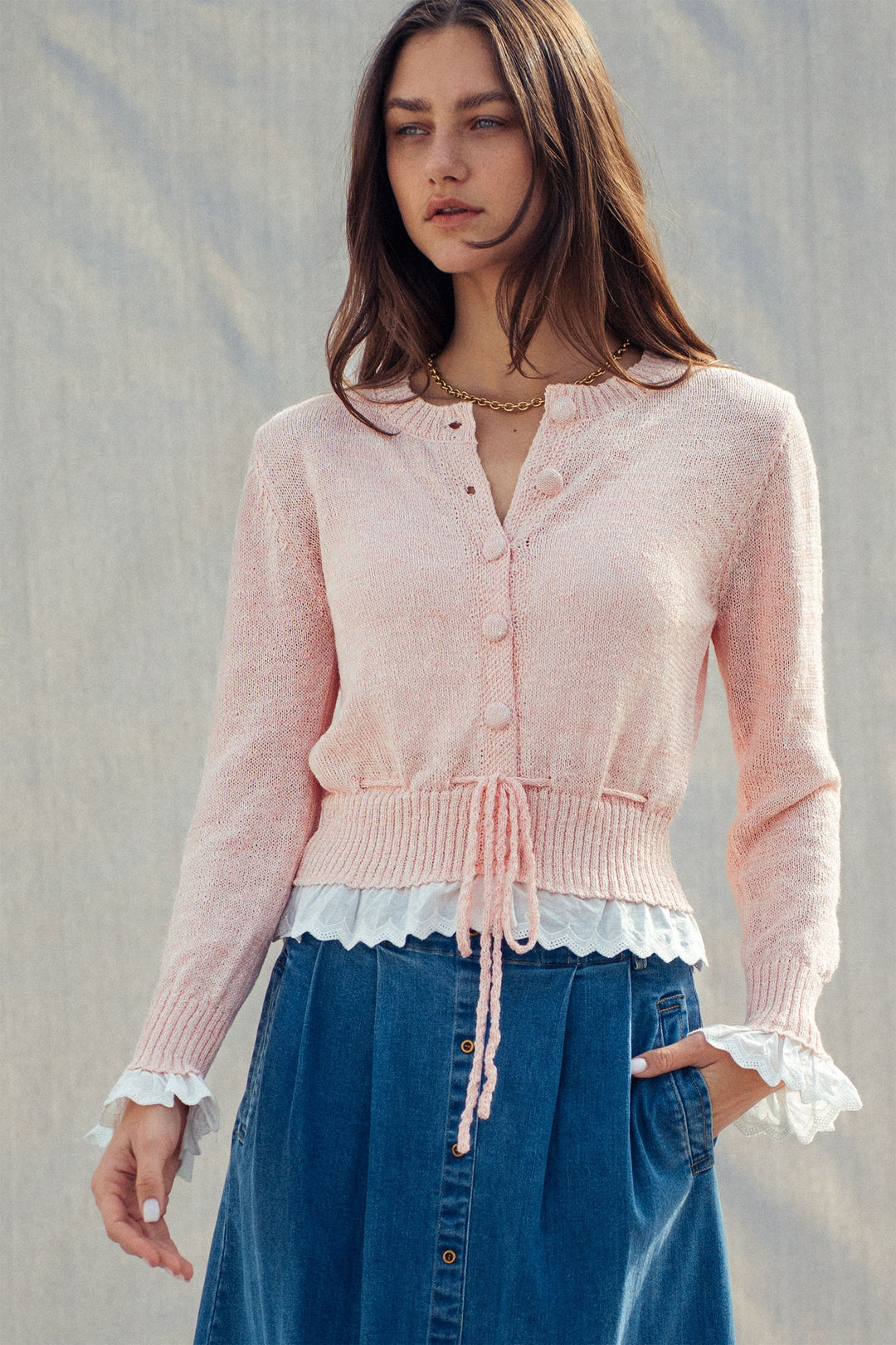serendipity ruffle trim knit cardigan - pink