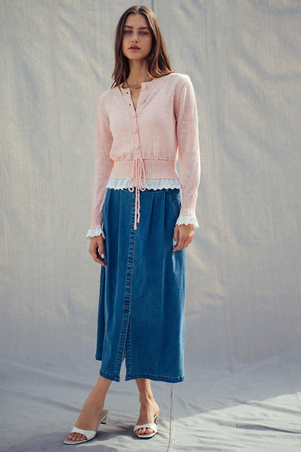 serendipity ruffle trim knit cardigan - pink (additional view)