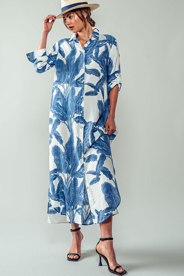 tropical leaf print button down midi shirt dress - blue