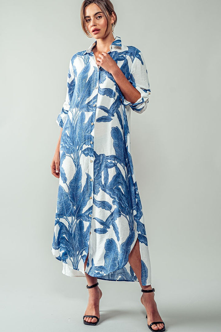 tropical leaf print button down midi shirt dress - blue (additional view)