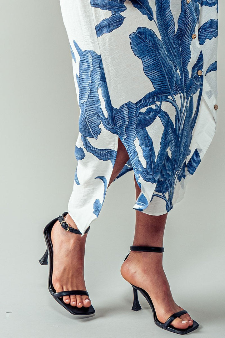 tropical leaf print button down midi shirt dress - blue (additional view)