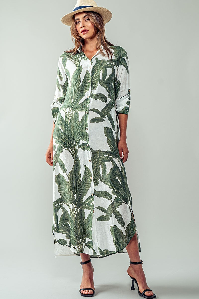 tropical leaf print button down midi shirt dress - green