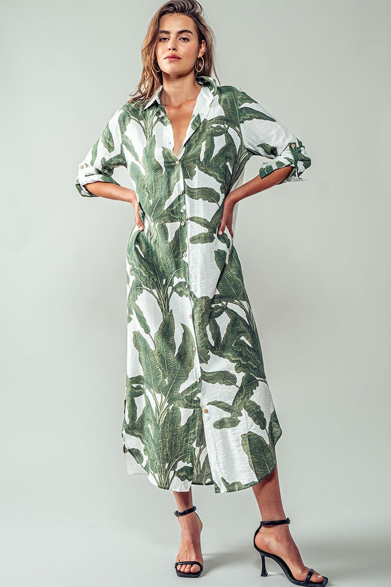 tropical leaf print button down midi shirt dress - green (additional view)