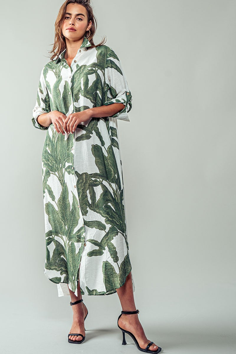tropical leaf print button down midi shirt dress - green (additional view)