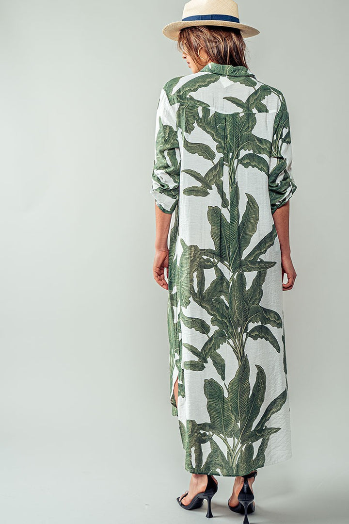 tropical leaf print button down midi shirt dress - green (additional view)