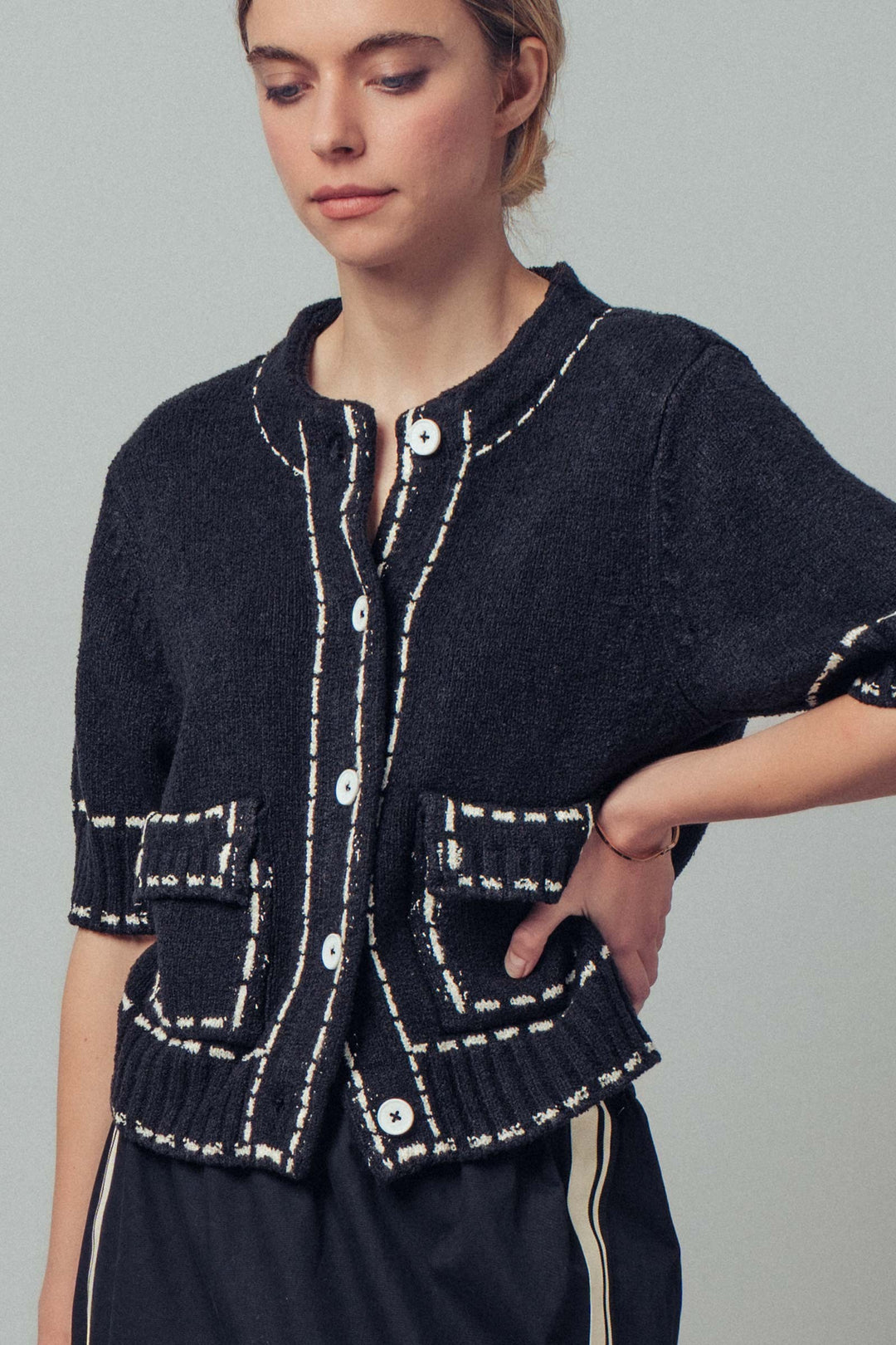short sleeve cardigan with stitch look pattern - black (additional view)