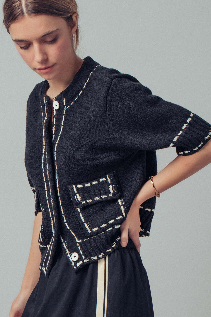 short sleeve cardigan with stitch look pattern - black (additional view)