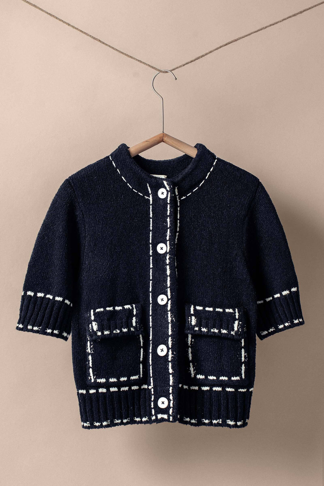 short sleeve cardigan with stitch look pattern - black (additional view)