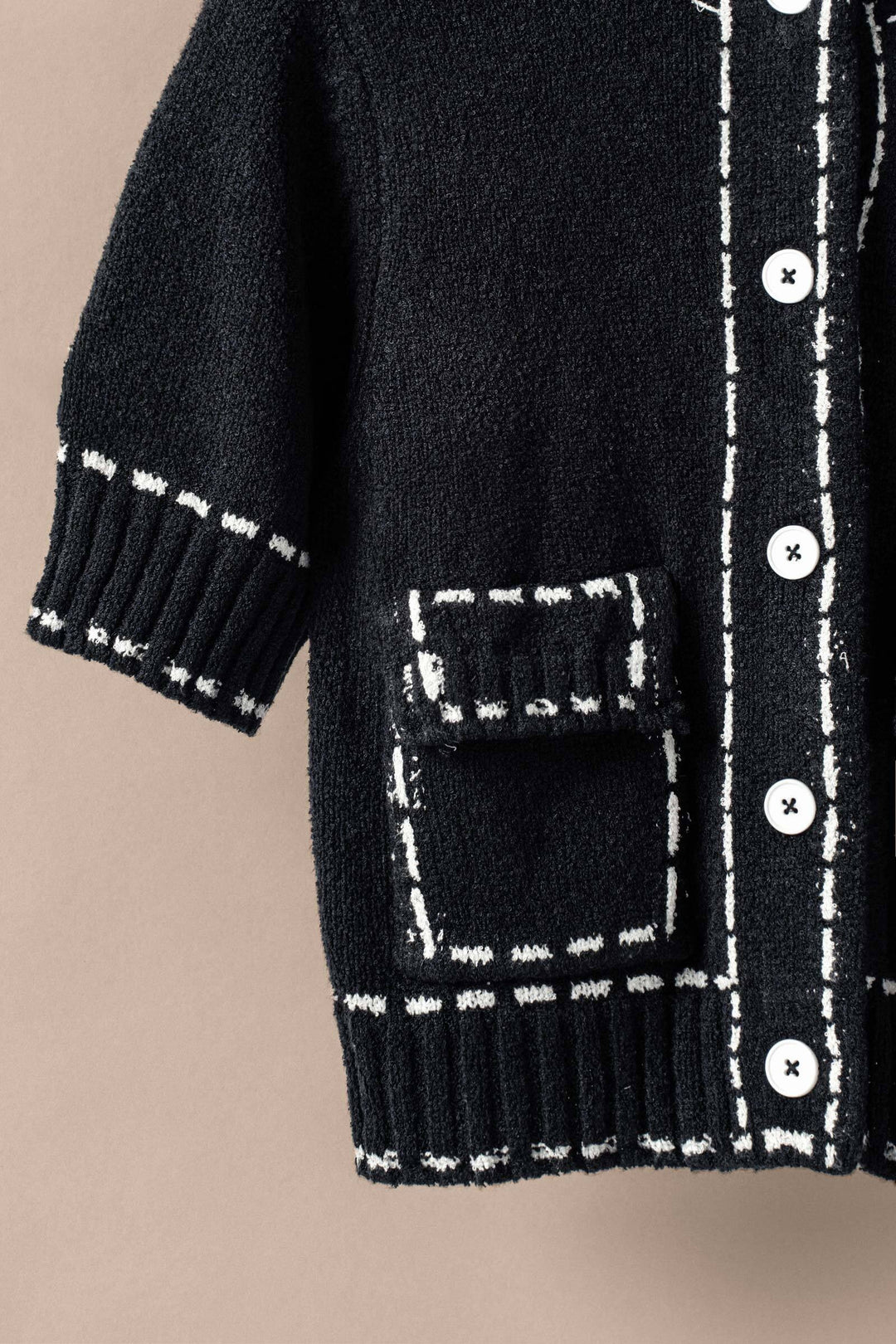 short sleeve cardigan with stitch look pattern - black (additional view)