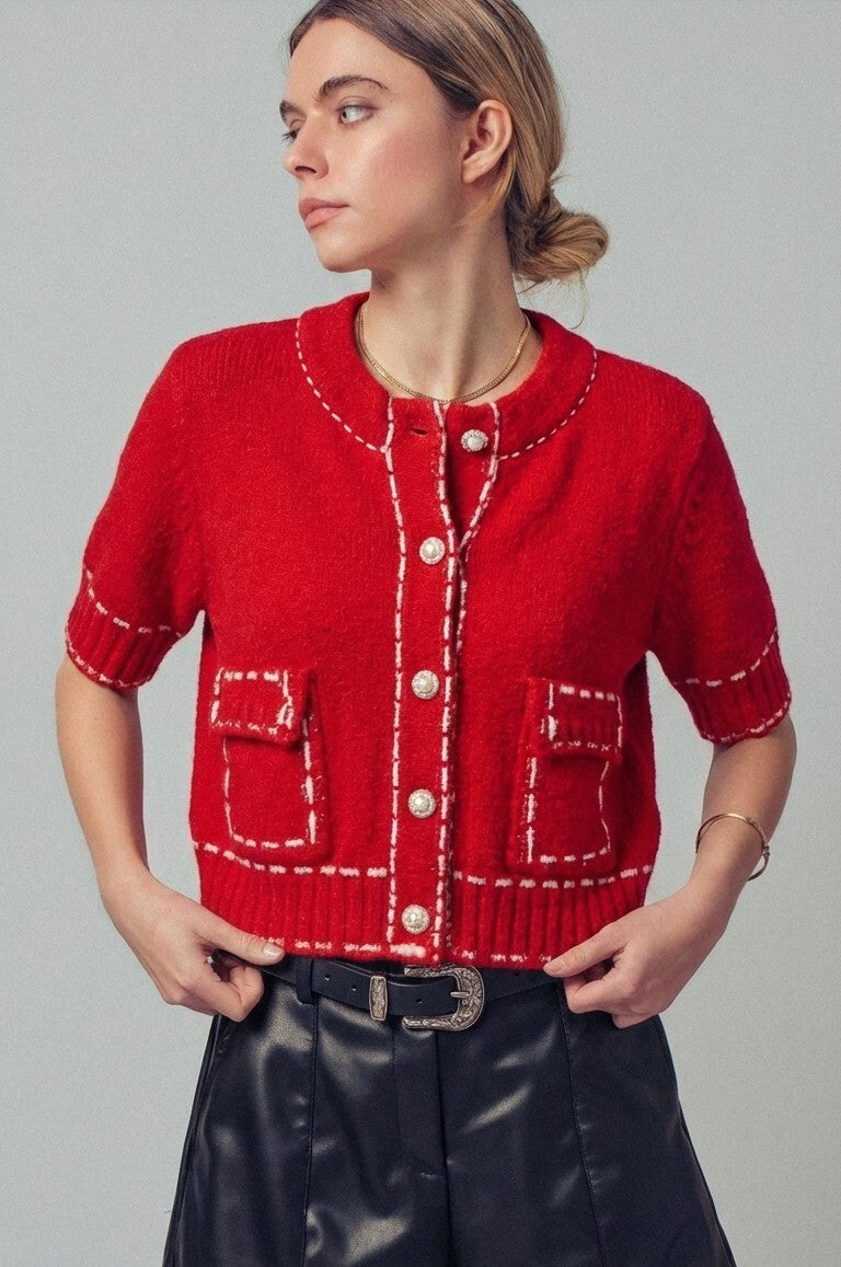 luxe contrast trim cardigan - red