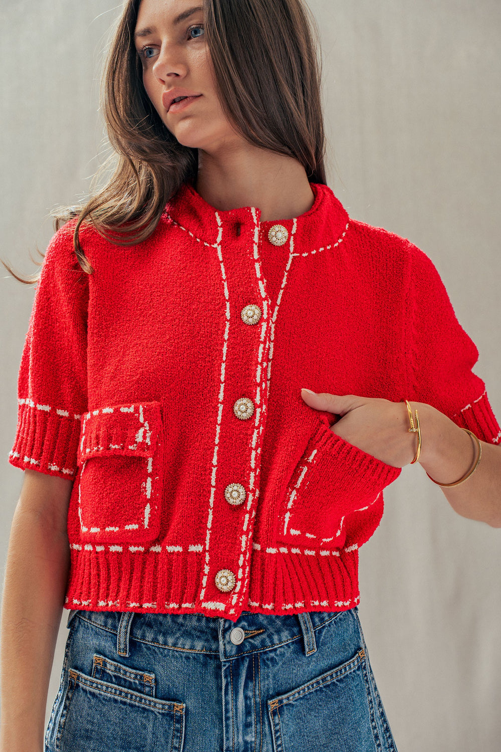 luxe contrast trim cardigan - red (additional view)
