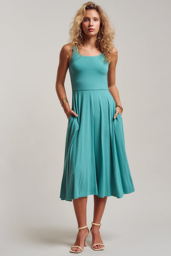 scoop neck flare midi dress - moss green