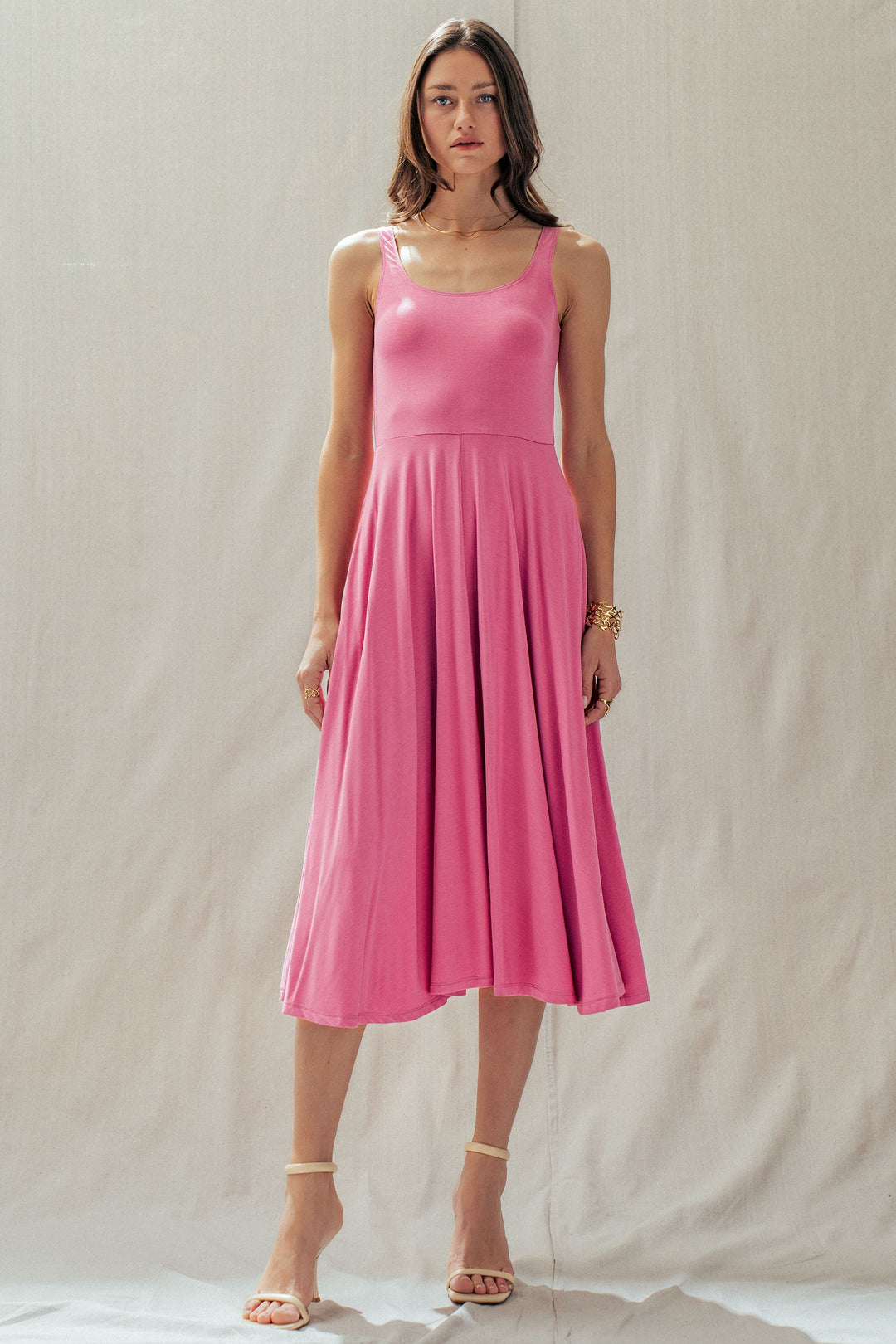 scoop neck flare midi dress - pink