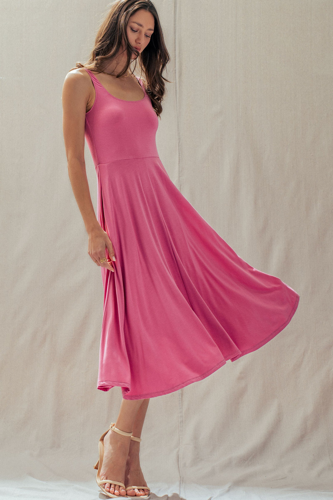 scoop neck flare midi dress - pink (additional view)