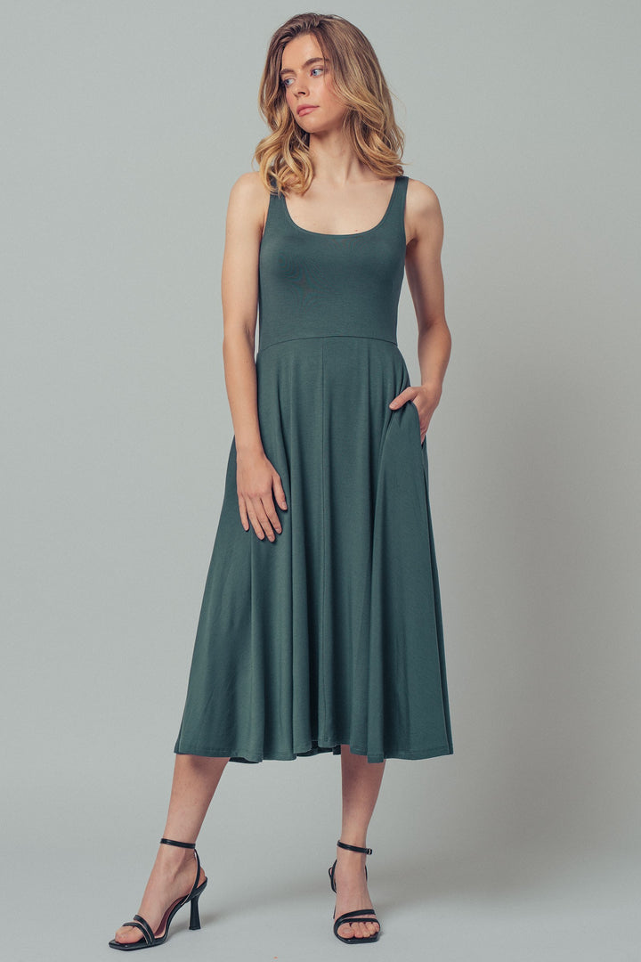 neck flare midi dress - moss green