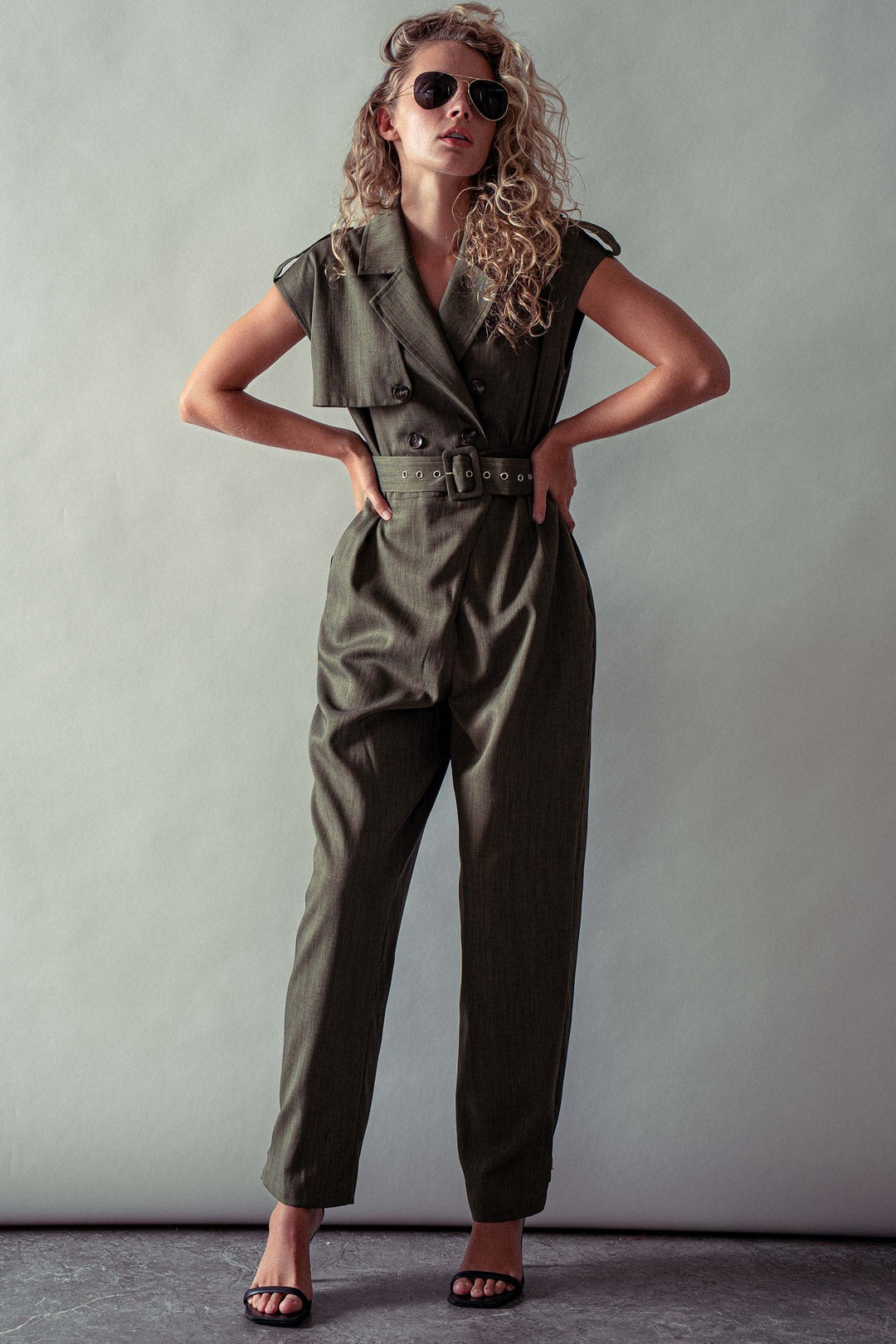 belted sleeveless jumpsuit - olive