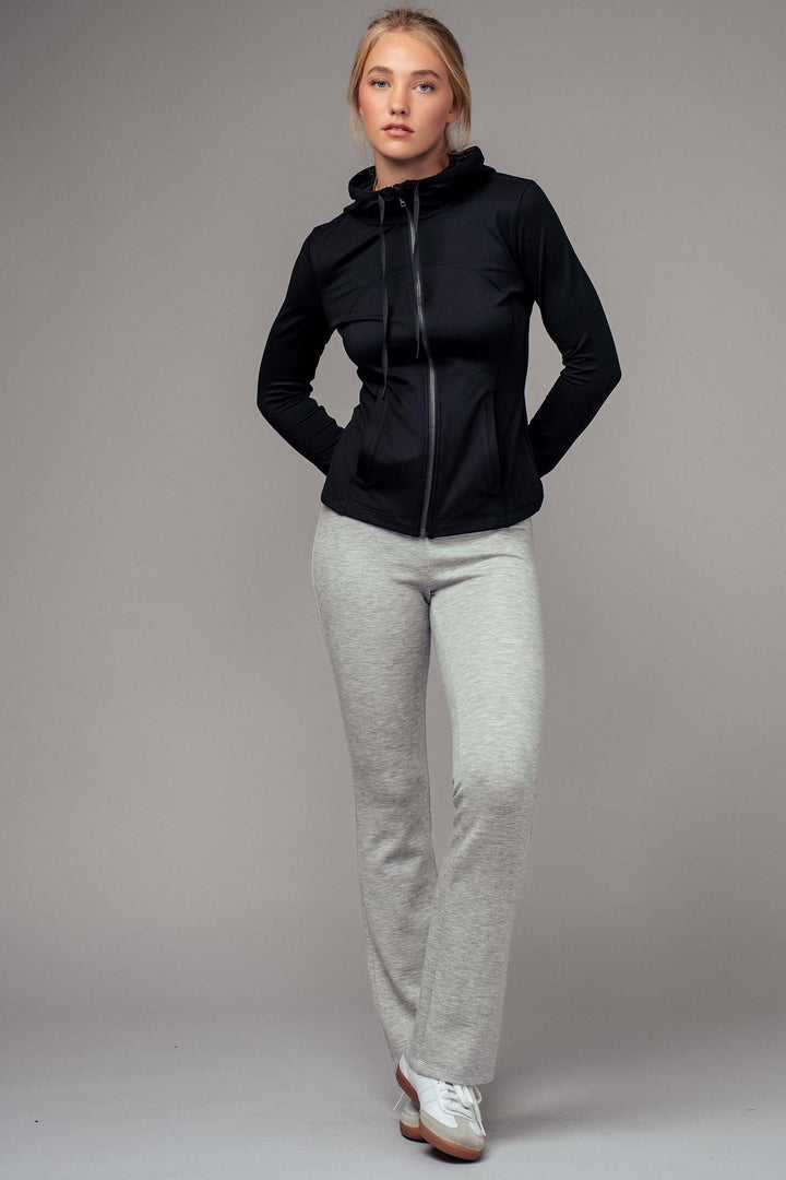r seam detail fitted zip up thumhole hoodie - black (additional view)